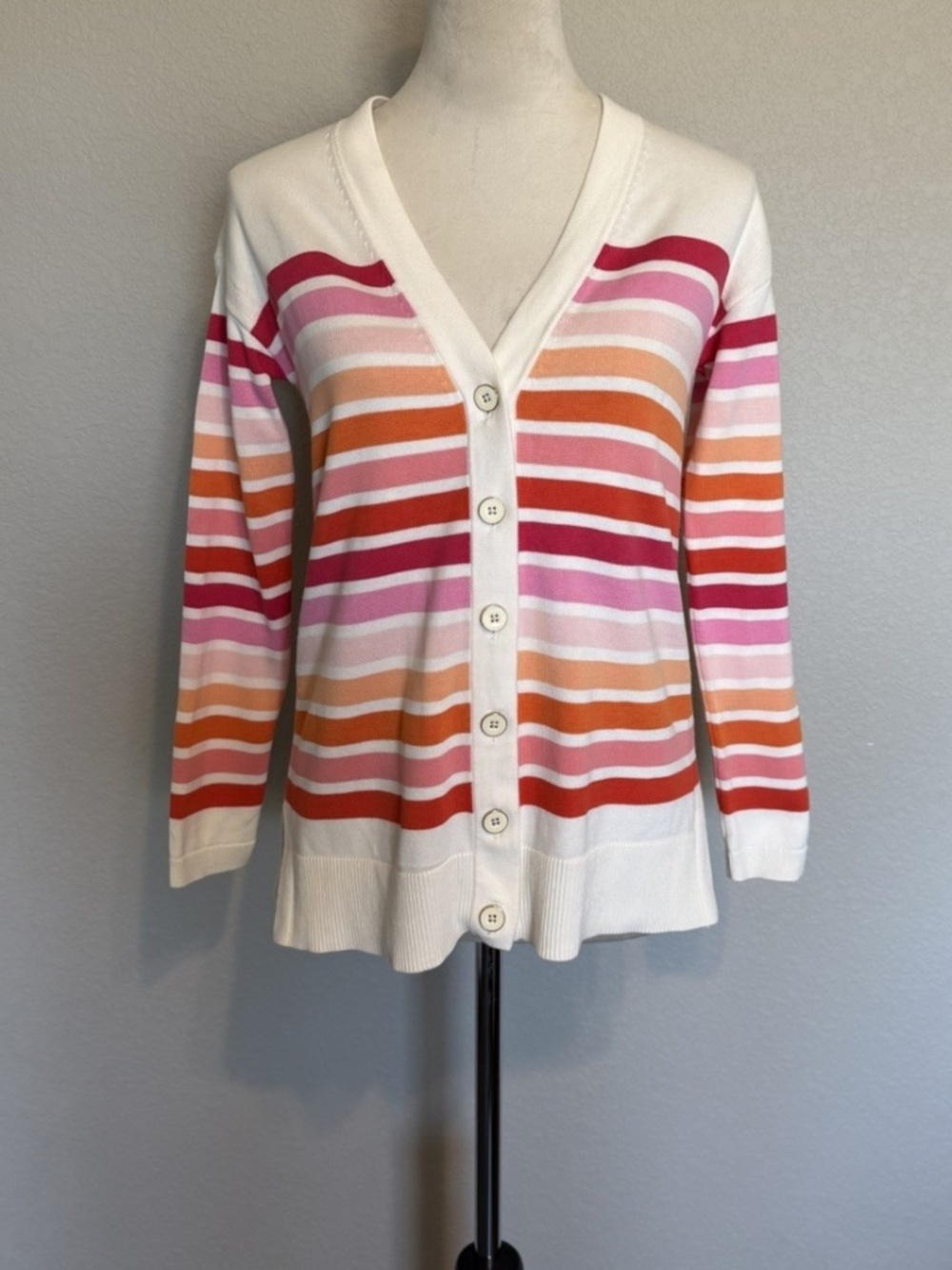 Talbots Womens Petite Small Ivory Pink Orange Stripe Cardigan Cotton